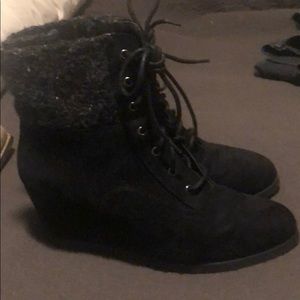So black suede wedge boots with lace up feature